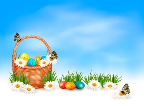 Easter background with easter eggs in basket and butterfly on flowers. vector Stock Illustration