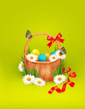 Easter background with easter eggs in basket and butterfly on flowers. vector Stock Illustration