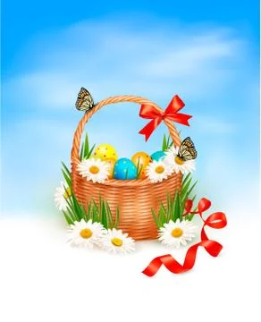 Easter background with easter eggs with basket in the grass. vector Illustrazione stock