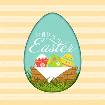 Easter background with Easter eggs in basket and Happy Easter wishes. Vecto.. Stock Illustration