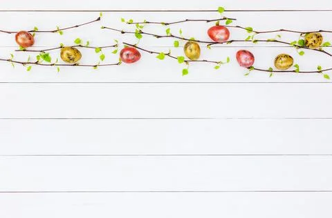Easter background. Easter eggs, birch tree branches on white wooden background Stock Photos