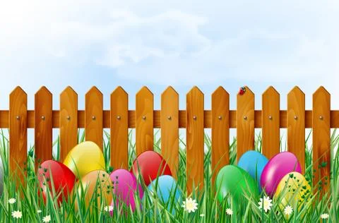 Easter background with easter eggs in grass and wooden fence Stock Illustration