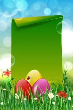 Easter background with easter eggs in grass and paper copyspace Stock Illustration