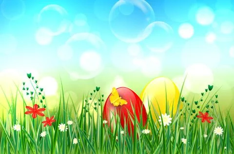 Easter background with easter eggs, grass and bubbles Stock Illustration