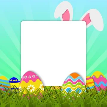 Easter background with Easter eggs on green grass, bunny ears and place for your Stock Illustration