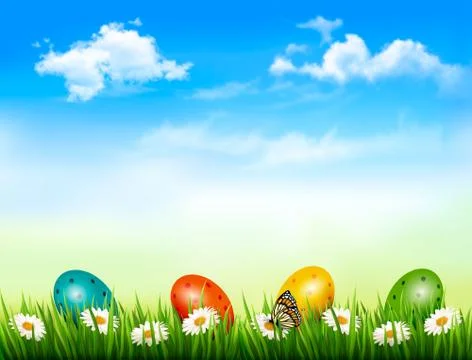 Easter background. easter eggs laying in green grass with daisy under blue sk Stock Illustration