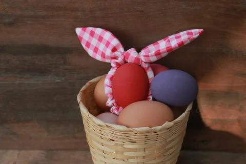 Easter background with Easter eggs on old wooden background Stock Photos
