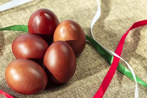 Easter background with Easter eggs on the table. Easter. Stock Photos