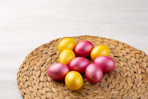 Easter background with Easter eggs. Top view with copy space. Stock Photos