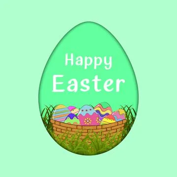 Easter background with Easter eggs in the wicker basket on green grass. Template Stock Illustration