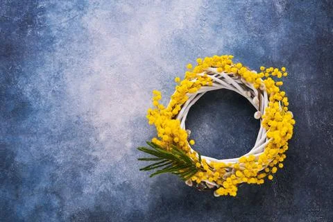 Easter background. Easter wreath decorated with mimosa flowers on blue Stock Photos
