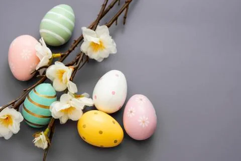 Easter background with eggs and branch with flowers. Stock-Fotos
