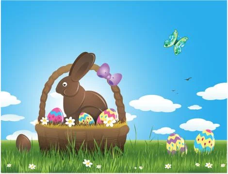 Easter background with eggs and chocolate bunny Stock Illustration