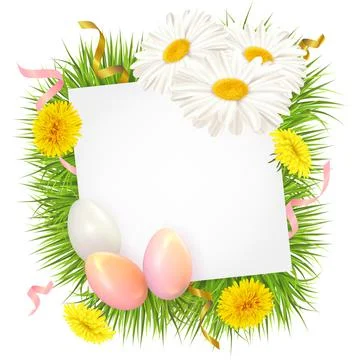 Easter background with eggs and daisies and dandelions Stock Illustration