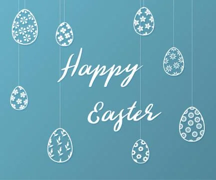 Easter background with eggs and Happy Easter lettering. Template for your Illustrazione stock