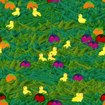 Easter background with eggs and little cute chickens Stock Illustration