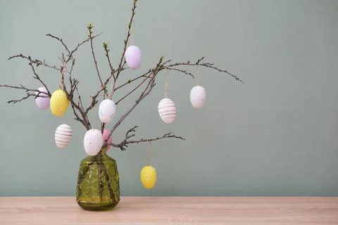 Easter background with eggs and spring branches. Happy Easter. Holidays backg Stock Photos