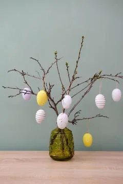 Easter background with eggs and spring branches. Happy Easter. Holidays backg Stock Photos