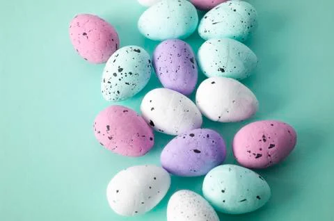 Easter background, eggs on blue backdrop, Greeting card decoration. Stock Photos