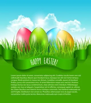 Easter background with eggs in grass and blue sky with clouds and place fot your Stock Illustration