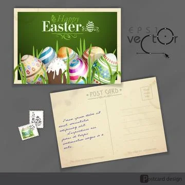 Easter Background With Eggs In Grass. Old Postcard Design, Template. Easte... 스톡 사진