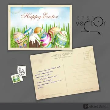 Easter Background With Eggs In Grass. Old Postcard Design, Template. Easte... Foto stock