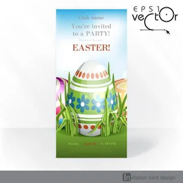 Easter Background With Eggs In Grass. Party Invitation Card Design, Templa... Foto stock
