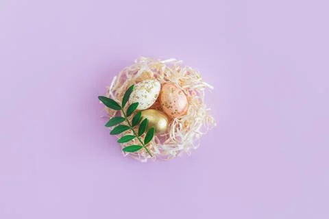 Easter background with eggs in a nest and green leaf. Pastel colors.  Flat la Stock Photos