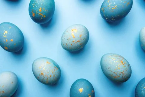 Easter background of eggs painted in blue color. Stock Photos