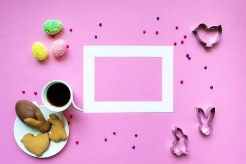 Easter background. A festive composition with a frame. Coffee, cookies Stock Photos
