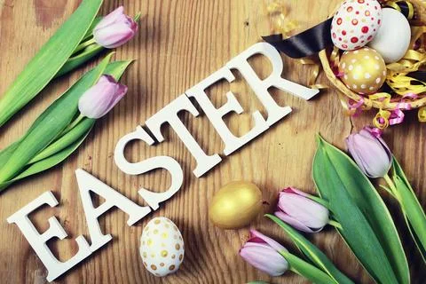 Easter background flower egg paper wooden various vintage elements on old ... Stock Photos