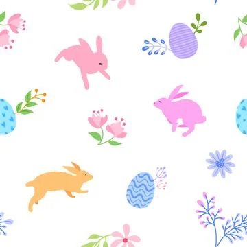 Easter background with flowers. Easter egg and cute bunny Stock Illustration