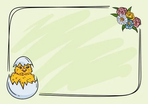 Easter background with frame, chick and flowers Stock Illustration