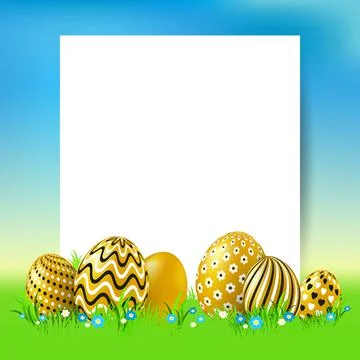 Easter background with gold eggs and empty paper on nature background. Easter Stock Illustration
