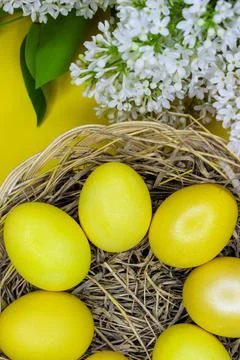 Easter background with gold eggs and white lilac flowers Stock Photos