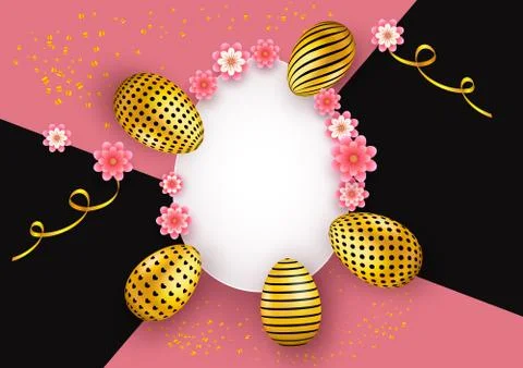 Easter background with golden decorated eggs, ribbons and paper art flowers. Stock Illustration