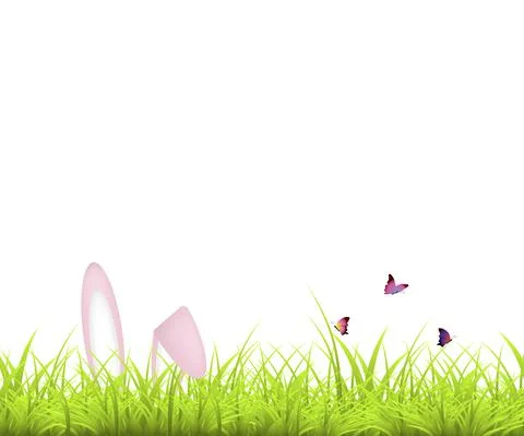 Easter Background. Green grass and Easter egg, and bunny, butterfly. Easter b Stock Illustration