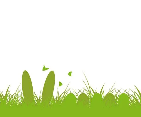 Easter Background. Green grass and Easter egg, and bunny, butterfly. Easter b Stock Illustration