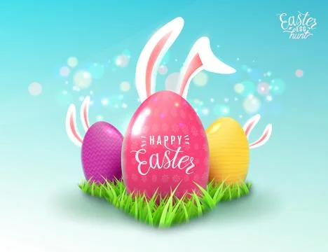 Easter background with green grass, color decorate eggs, easter bunny ears Stock Illustration