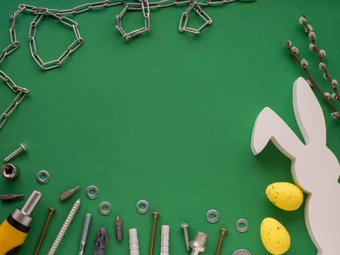 Easter background with hand tools, fasteners, fittings, eggs and white rabbit Stock Photos