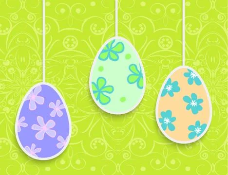 Easter background with hanging on the ropes eggs Stock Illustration