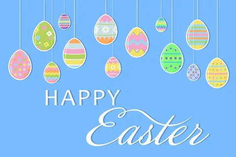 Easter background with hanging on the ropes patterned eggs. Happy Easter Stock Illustration