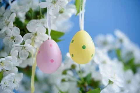 Easter background. Happy Easter holiday concept with cute colorful eggs, and  Stock Photos