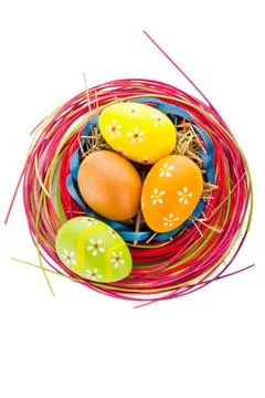 Easter background. Painted eggs and decor Easter background. Macro shot of... Stock Photos