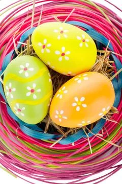 Easter background. Painted eggs and decor Easter background. Macro shot of... Stock Photos