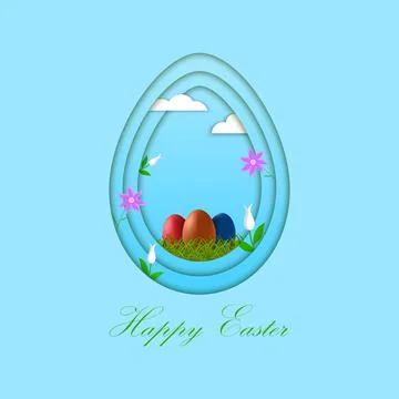 Easter background in paper cut style with Easter eggs and spring flowers. Happy Stock Illustration
