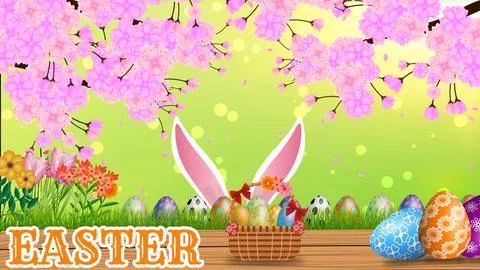 Easter background with pink flower tree and  green blur background Stock Illustration