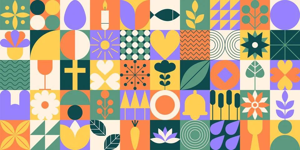 Easter background. Rabbit and eggs, bunny and grass. Pattern geometric. Happy Stock Illustration