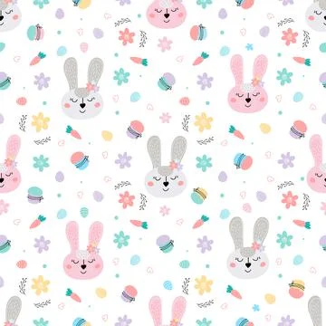 Easter background with rabbits, cakes, eggs, willow Illustrazione stock
