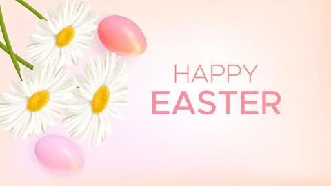 Easter background with realistic eggs, daisies and inscription Happy Easter Stock Illustration